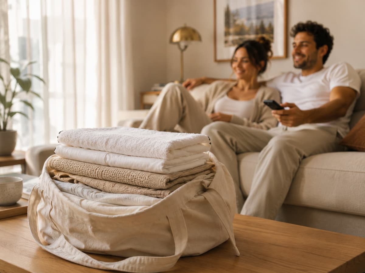 Freshly washed and folded towels and linen in a laundry bag