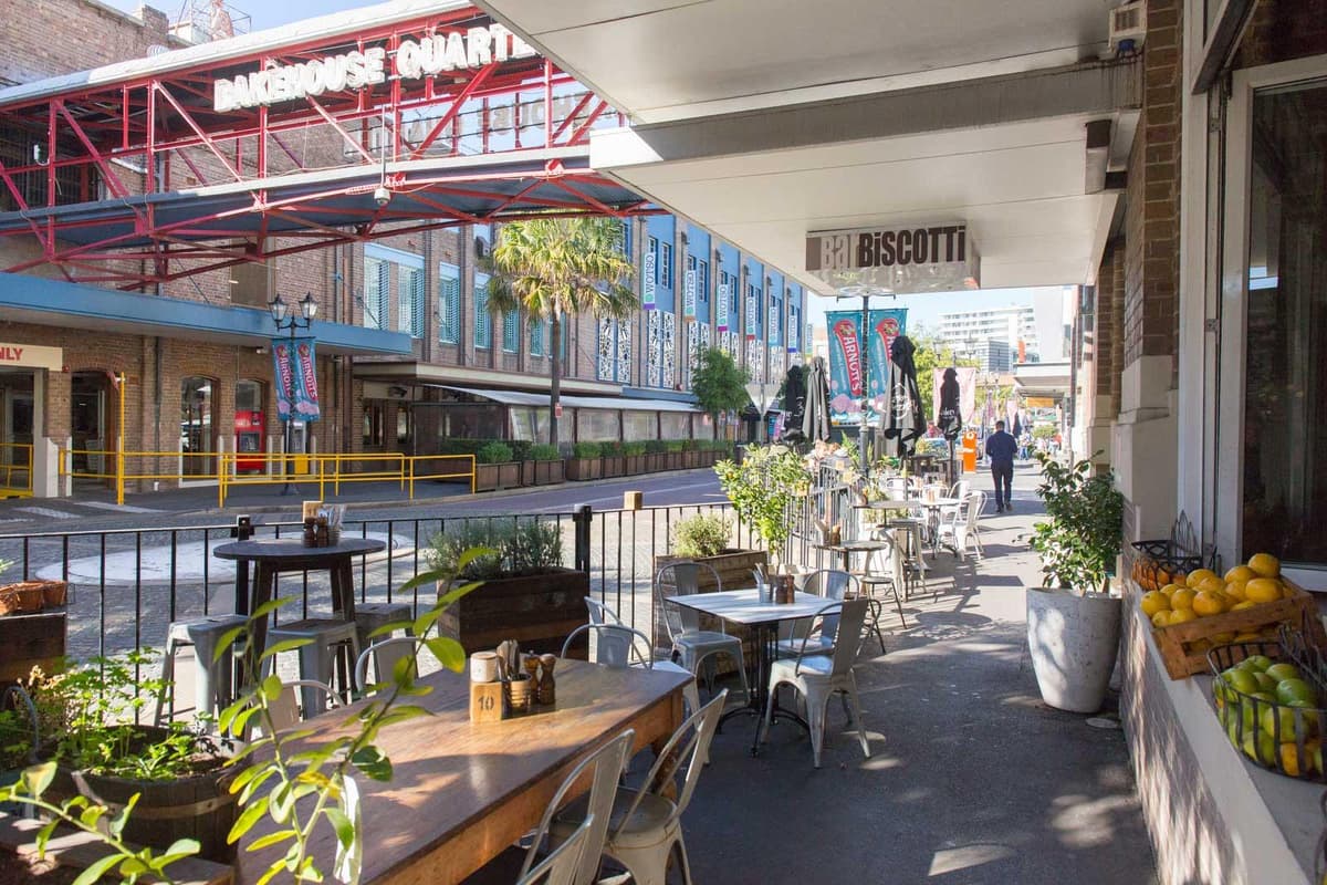 Cafés and outdoor dining at the Bakehouse Quarter in North Strathfield