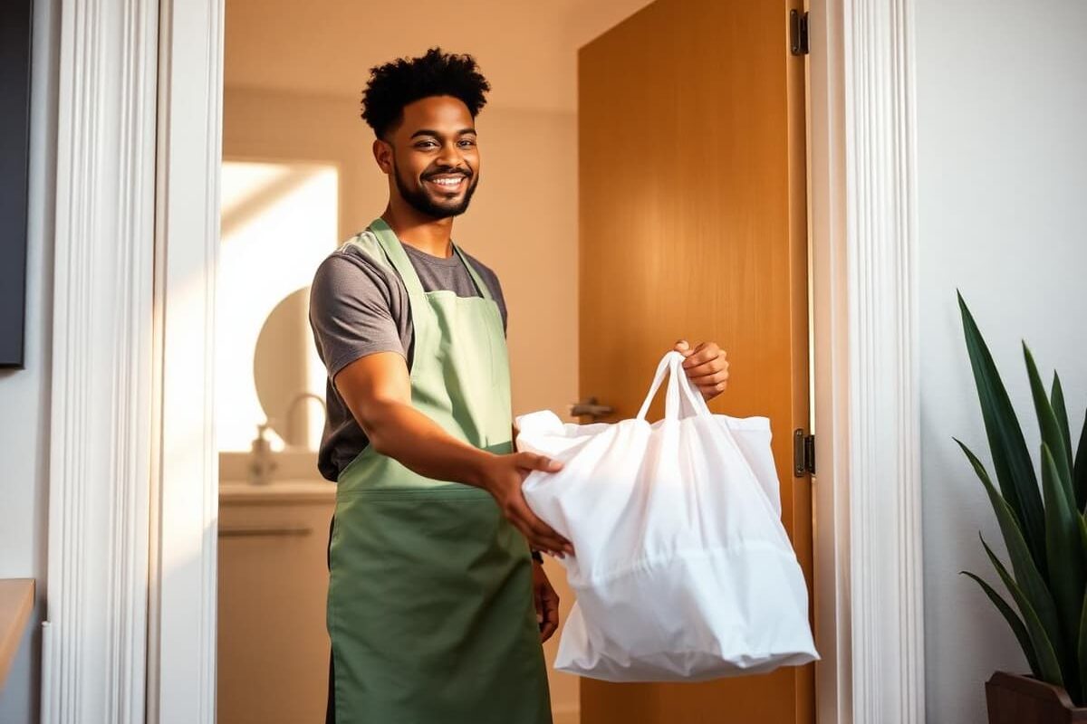 A Laundry Load driver at an apartment door with a bag of clean laundry