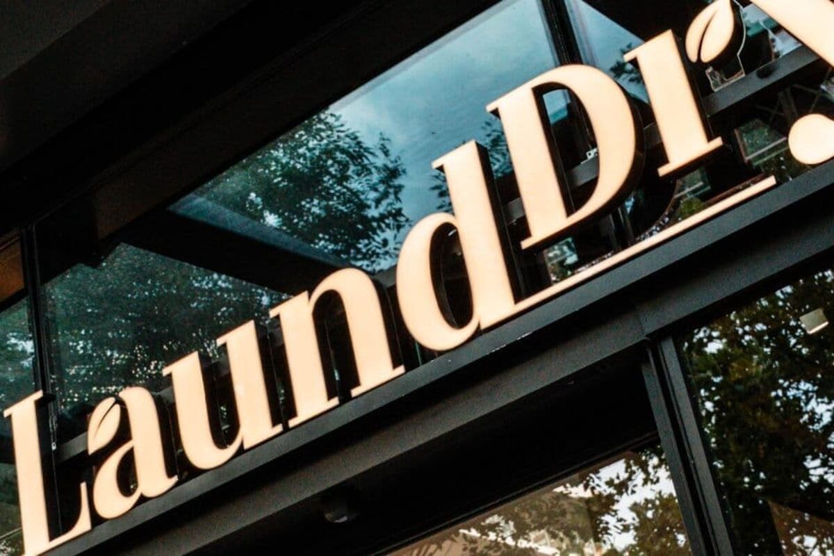The LaundDry sign above the laundromat entrance in Wentworth Point