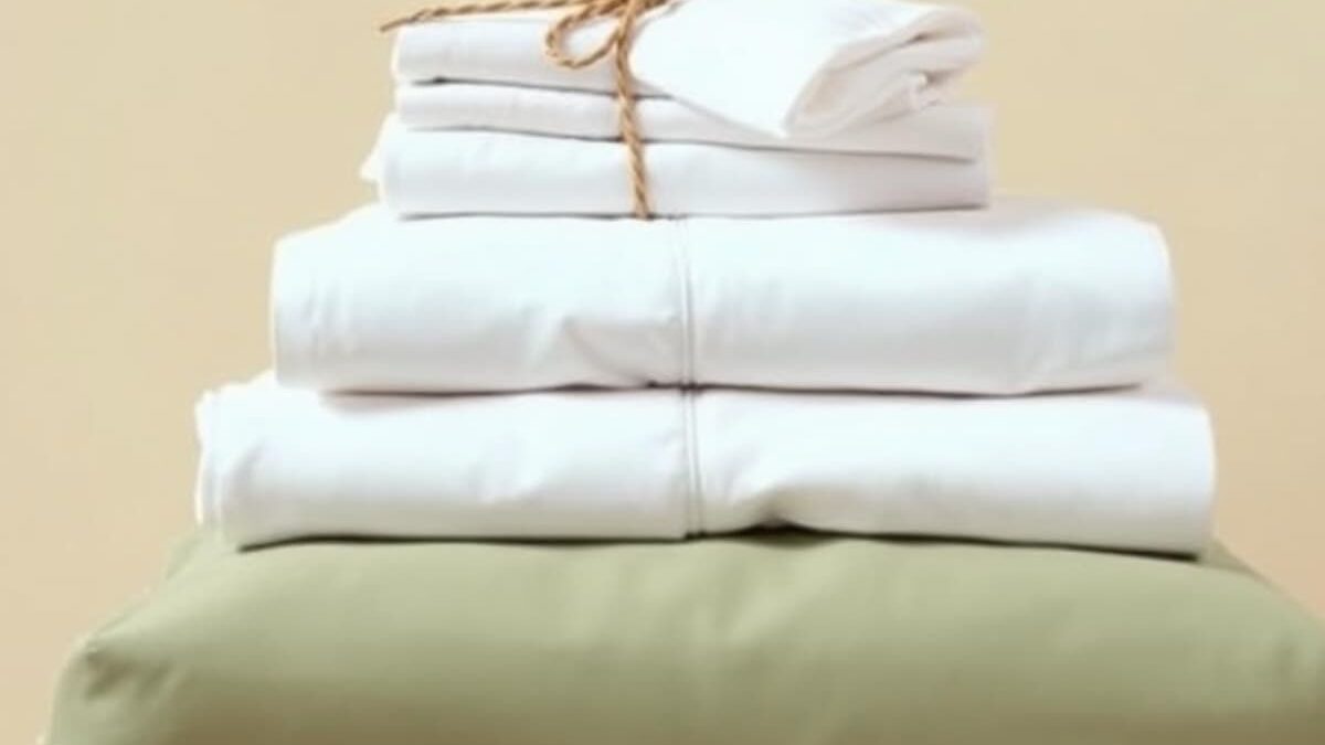 A stack of crisp white sheets and towels tied with string